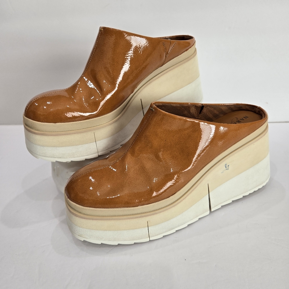NakedFeet Coach Orange Patent Leather Platform Mules Size 9.5